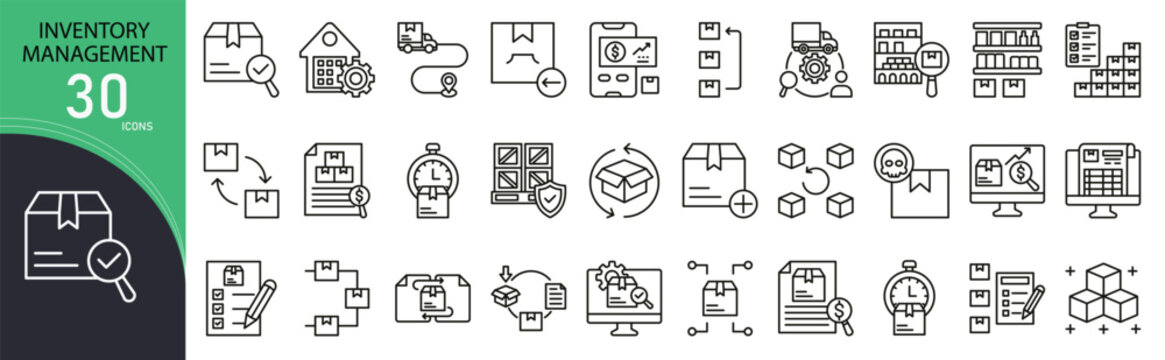 Inventory management related icon collections. Containing stock, warehouse, order, shipment, tracking, supply, storage, barcode, logistics, and delivery icons. Outline icons.