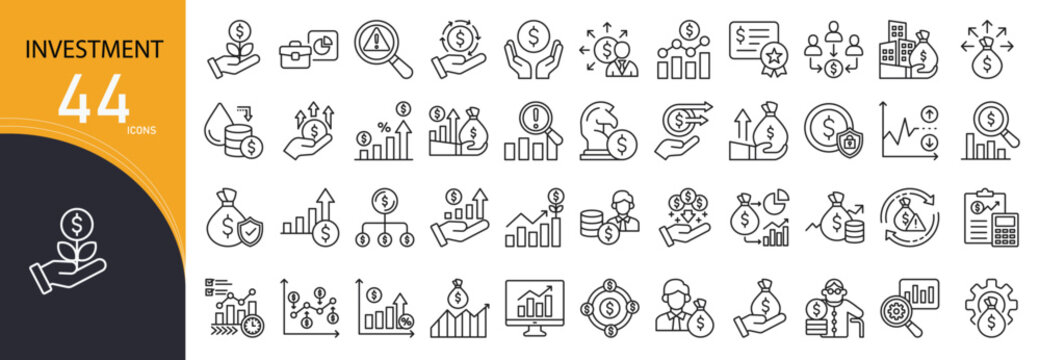Investment related icon collections. Containing finance, profit, portfolio, stocks, money, growth, risk, funding, capital, savings icons. Outline icons.