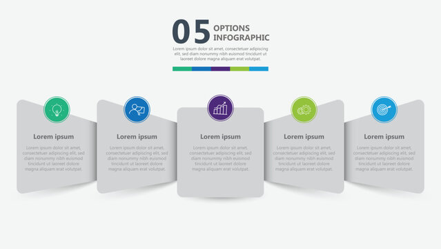 Five Step Business Infographic Timeline with Curved Paper Cards and Process Flow Design