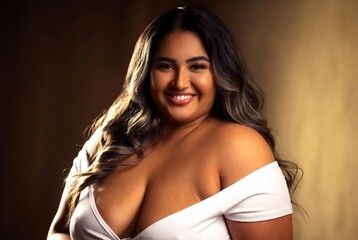 Fototapeta premium A woman with long, wavy hair is smiling warmly in a studio portrait.