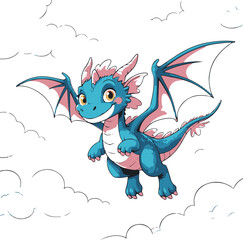 Fototapeta premium small sky dragon flying with tiny clouds, playful cartoon dragon character, minimal vector illustration, bold contour lines, white background 2
