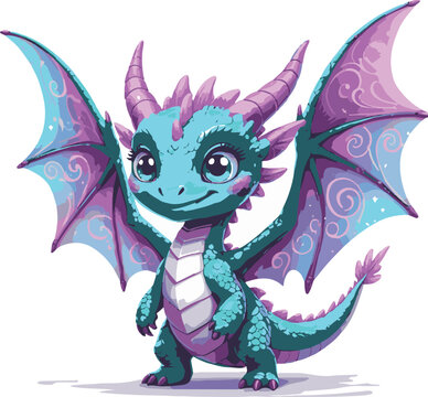 tiny magical dragon standing with wings open, friendly cartoon creature mascot, clean adobe illustrator vector illustration, white background 3