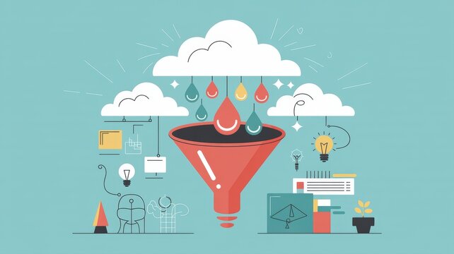 Data processing and analysis represented by a funnel and clouds