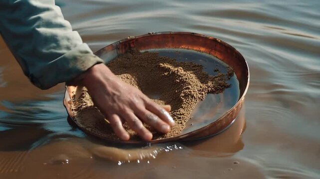 Ultra HD Manual gold mining process showing hands washing sediment in a metal pan in river water to find precious minerals and gold nuggets 4K Video