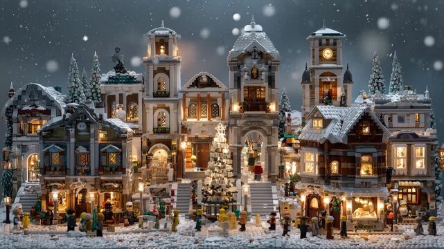 Ultra HD Magical winter wonderland scene of a highly detailed brick-built town at night with falling snow effects and a lit Christmas tree in a cinematic close-up 4K Video