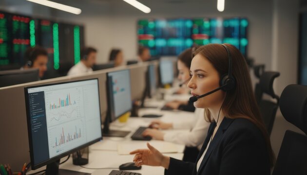 Focused shot of an agent speaking into a headset blurred coworkers in the backdrop managing incoming customer calls illustrating inbound queues.