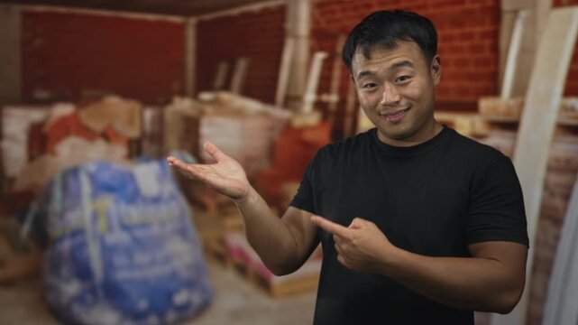 Young chinese man points finger at open palm in unfinished building; explanation invitation curiosity.
