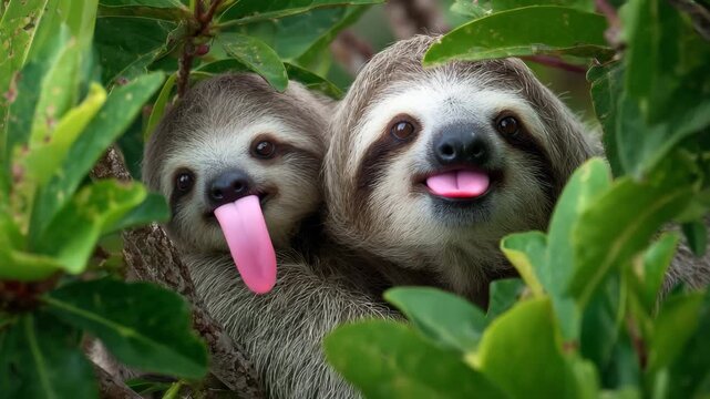 Ultra HD Two adorable baby sloths peeking through green jungle leaves and sticking their tongues out in a funny and cute wildlife moment in 4K Video
