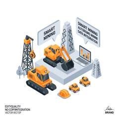 Fototapeta premium Isometric illustration of smart mining technology, featuring excavators, a laptop, and communication towers, symbolizing data integration and automation in the industry.