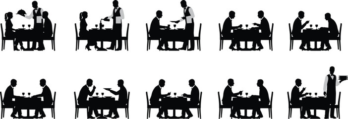Obraz premium Restaurant dining silhouettes showing waiter serving couples at table people eating dinner hospitality service scenes set isolated for food service cafe and fine dining concept