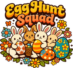 Fototapeta premium Cute kawaii bunny squad on Easter egg hunt with colorful eggs, basket, flowers, and 