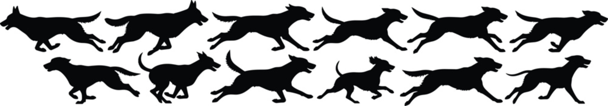 Running dog silhouettes collection showing different canine breeds in motion isolated on white background animal movement set