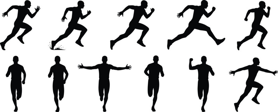 Running athlete silhouette set with sprinter runner jogging fitness training sports action movement male runner vector illustration isolated collection