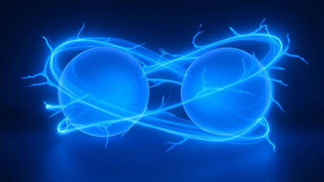 Quantum entanglement concept art featuring two spheres linked by glowing energy
