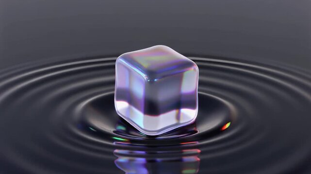 Iridescent ice cube floating on rippling water surface