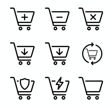 Shopping Cart Icon Set Ecommerce Trolley Symbols Add Remove Download Security Vector Collection