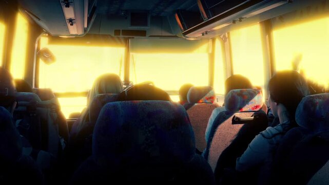 Summer Vacation Concept, People On Coach In Sun Glow