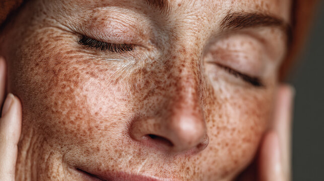 beauty photography close up of female face with freckles healthy glowing skin and relaxed expression
