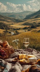Scenic Picnic with Wine and Cheese in a Mountain Valley