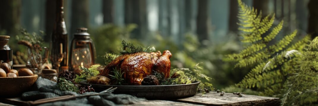 Rustic Roasted Chicken Feast in an Enchanted Forest Setting