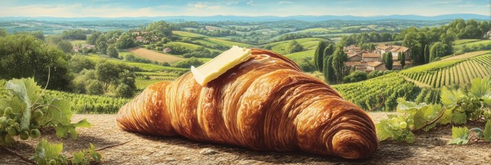 Giant Golden Croissant with Butter in Scenic French Countryside