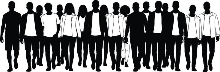 Silhouettes of diverse group walking forward together, unity and teamwork concept representing solidarity, collective purpose, movement, cooperation, and modern professional collaboration in society