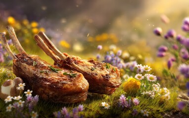 Obraz premium Grilled Lamb Chops in a Sunlit Wildflower Meadow