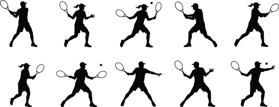 Tennis player silhouette set featuring male and female athletes hitting ball with racket, forehand and backhand actions during tennis match and training.