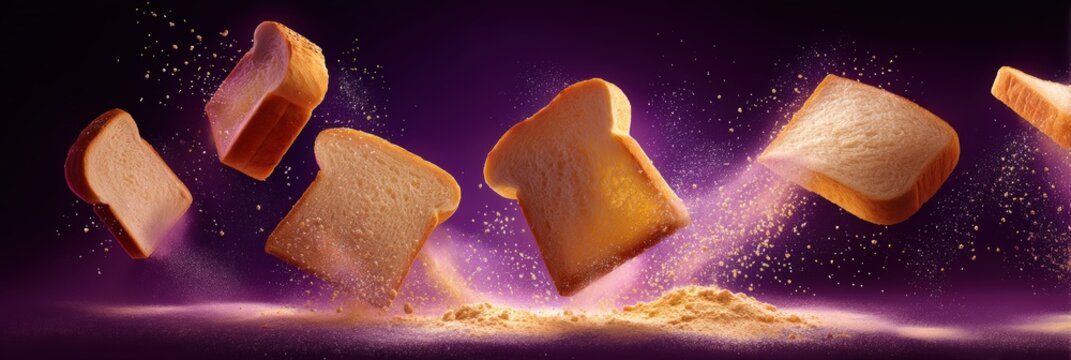 Floating Slices of White Bread with Crumbs on Purple Background