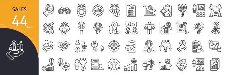 Fototapeta premium Sales related icon collections. Containing discount, deal, offer, price tag, shopping, revenue, profit, customer, cart, marketing icons. Outline icons.