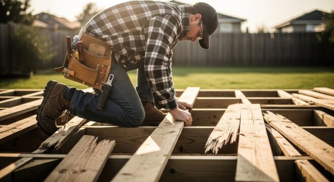 Man Building Wooden Deck in Backyard on Sunny Day.