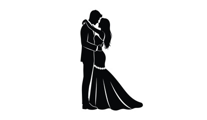 A black silhouette of a romantic bride and groom embracing each other in a formal wedding dance