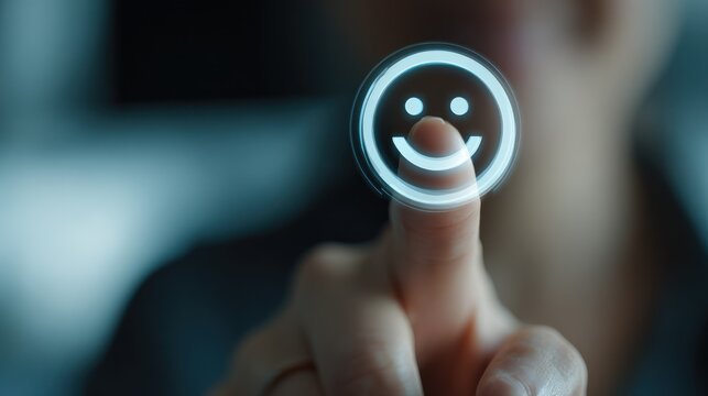 Finger touching a digital smiley face on a screen.