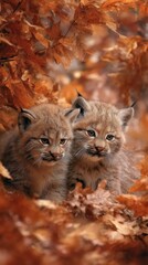 Fototapeta premium Two Lynx Kittens Peeking Through Golden Autumn Foliage