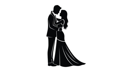 A black silhouette of a romantic couple standing together in an elegant embrace during a wedding