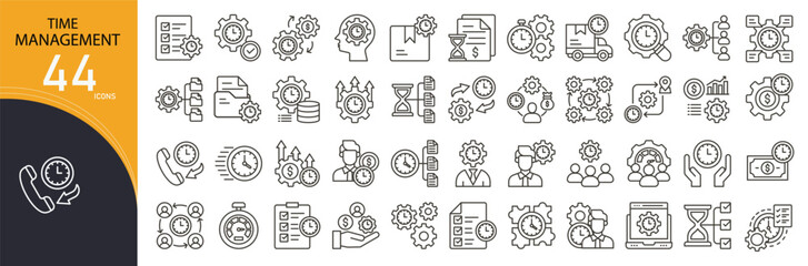 Fototapeta premium Time management related icon collections. Containing clock, calendar, schedule, deadline, planner, stopwatch, reminder, task, productivity, timer icons. Outline icons.
