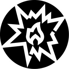 Fototapeta premium Abstract explosion icon depicting a burst of fire and energy, highlighting danger, power, and unexpected impact within a circular black and white design