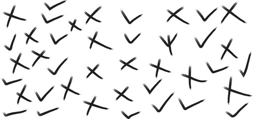 Abstract pattern of hand-drawn checkmarks and crosses scattered randomly, symbolizing choices, decisions, assessment outcomes, or a mix of approvals and rejections
