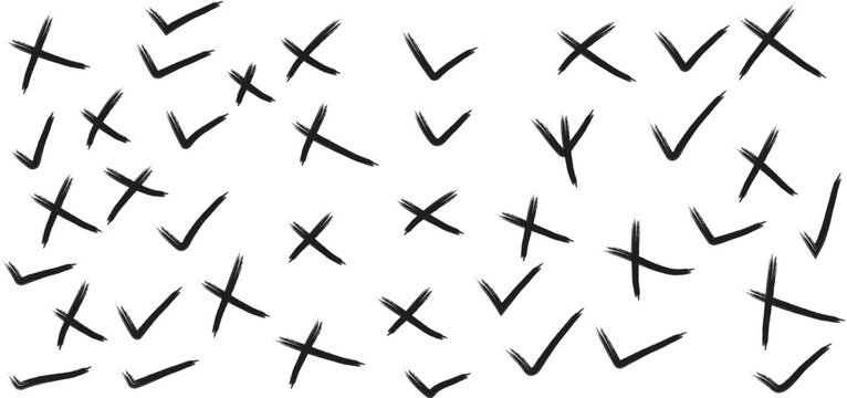 Abstract pattern of hand-drawn checkmarks and crosses scattered randomly, symbolizing choices, decisions, assessment outcomes, or a mix of approvals and rejections