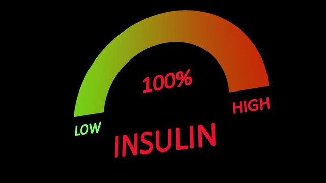 Hormone insulin level measuring device with arrow and scale. indicating a high level of insulin animation on black background.