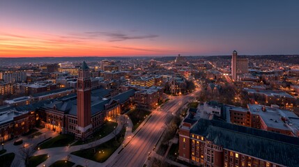 Fototapeta premium Urban Twilight Glow: Aerial Cityscape at Dusk with Towering Architecture