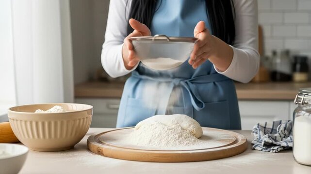 A woman in a blue apron sifts flour onto a pile on a kitchen counter