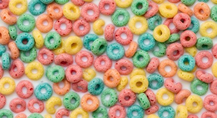 Fototapeta premium A colorful pile of breakfast cereal loops scattered across a white background