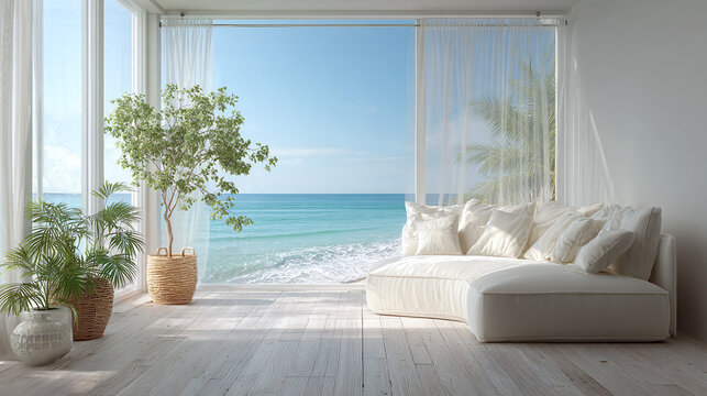 coastal living room featuring open window sea breeze curtains and comfortable sofa overlooking calm ocean view