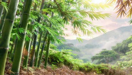 Fototapeta premium Breezy bamboo scene serene mountain landscape nature photography tranquil environment close-up view fresh green concept