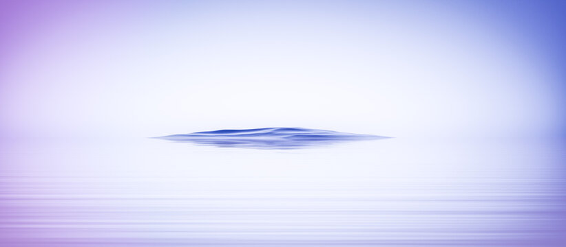 Abstract blue liquid ripple floating over a gradient purple expanse. Island in the middle of the ocean. Ideal for a corporate wellness tech banner or cosmetic hydration campaign. 3d rendering