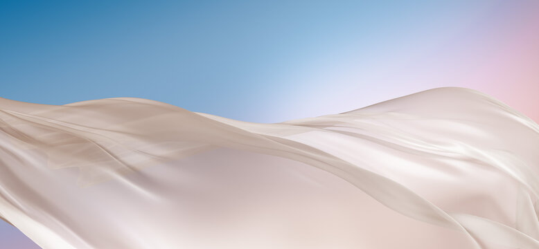 Flowing translucent sheer fabric draping across a serene pastel blue and pink gradient. Conveys lightness and premium textile softness. Suitable for luxury cosmetic packaging or fashion advertising