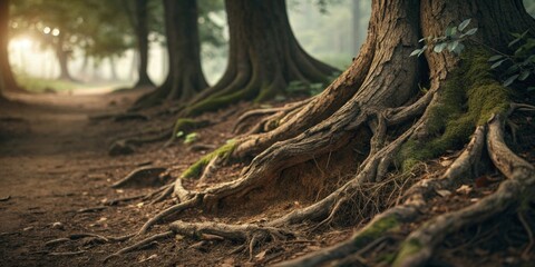 Obraz premium Closeup of ancient tree roots emerging from earth deep forest nature photography gnarled textures ground perspective