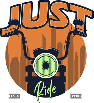 Vintage Style Motorcycle Front View Vector Illustration with "JUST Ride" Text, Cityscape Background, and Retro Estd 1990 Badge for Biker Culture Designs
