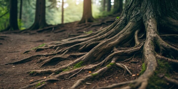 Closeup of gnarled ancient tree roots deep forest nature photography earthy environment ground level evocative textures
